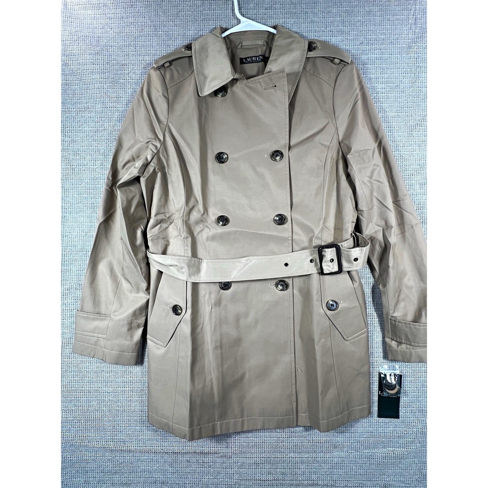 Lauren Ralph Lauren Beige Belted Double Breasted Trench Coat Lined Pockets Sz L